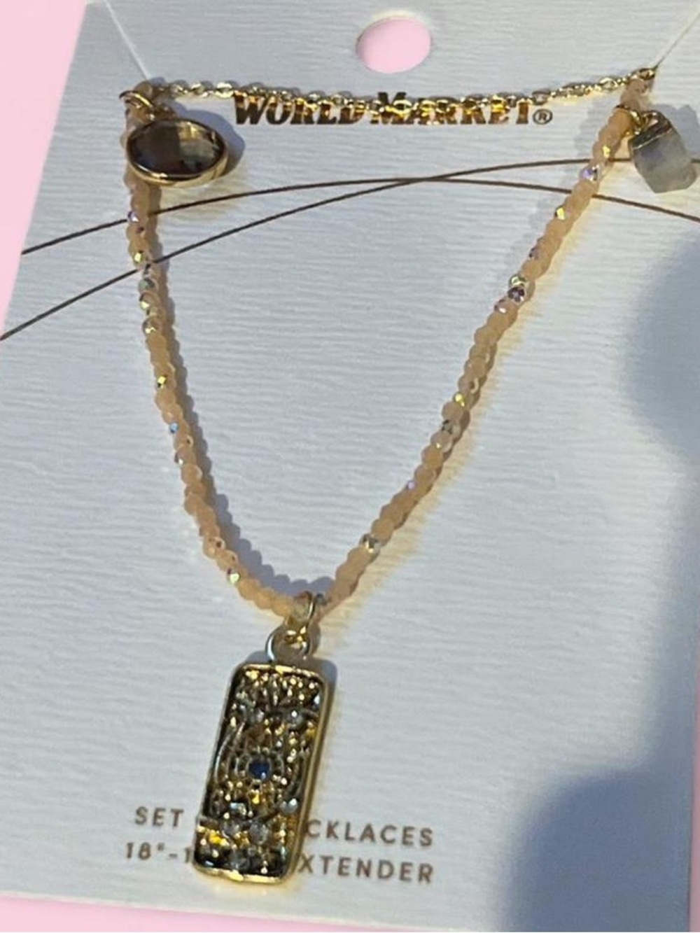 Cost Plus World Market Gold Pendant Necklace with Pale Pink Beaded Chain